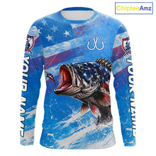 Load image into Gallery viewer, American flag largemouth bass fishing shirt long sleeve front view