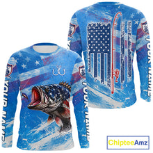 Load image into Gallery viewer, American flag largemouth bass fishing shirt long sleeve front and back view