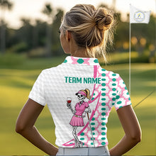 Load image into Gallery viewer, White golf polo shirt for women with skeleton golfer print on front and back