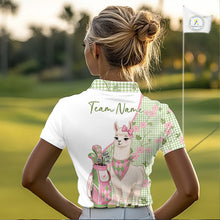 Load image into Gallery viewer, A woman wearing a funny alpaca plaid pattern golf polo shirt with "Team Name" on the back, standing on the golf course.