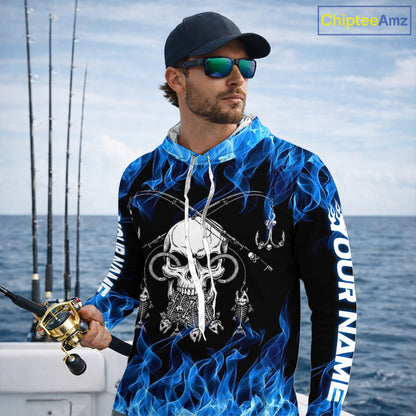 Fish Reaper Fishing Skull Fire Flame Long Sleeve Hooded Tournament Fishing Shirts, Skull Fishing Jerseys NBT692