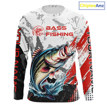 Load image into Gallery viewer, Front view of a bass fishing shirt long sleeve with name text on the sleeves.