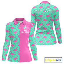 Load image into Gallery viewer, Front and back view of women’s long sleeve golf polo shirt with pink and green flamingos pattern and personalized name