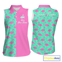 Load image into Gallery viewer, Front and back view of women’s sleeveless golf polo shirt with pink and green flamingos pattern and personalized name