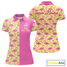 Load image into Gallery viewer, Front and back view of women’s golf polo shirt with pink and yellow flamingos pattern and personalized name
