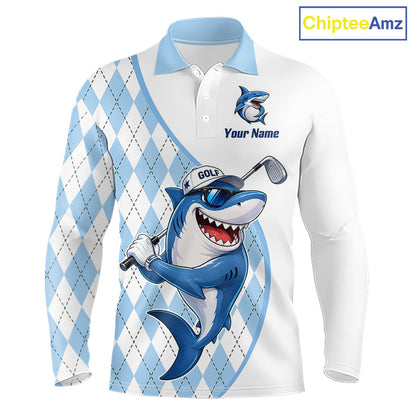 Funny Mens Golf Polo Shirt Argyle Pattern Custom Name Shark Playing Golf Shirt Golf Gifts NBT951