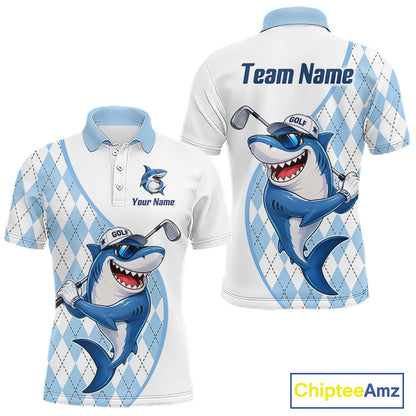 Funny Mens Golf Polo Shirt Argyle Pattern Custom Name Shark Playing Golf Shirt Golf Gifts NBT951