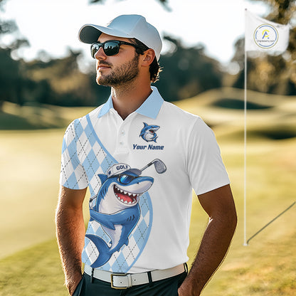 Funny Mens Golf Polo Shirt Argyle Pattern Custom Name Shark Playing Golf Shirt Golf Gifts NBT951