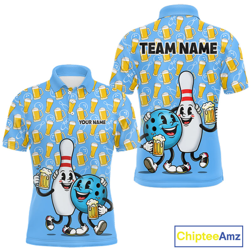 Funny Blue Beer Pattern Bowling Polo & 1/4 Quarter Zip Shirt Custom Bowling League Team Shirts NBT952
