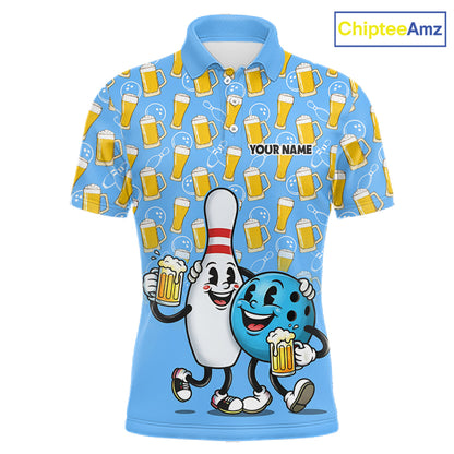 Funny Blue Beer Pattern Bowling Polo & 1/4 Quarter Zip Shirt Custom Bowling League Team Shirts NBT952