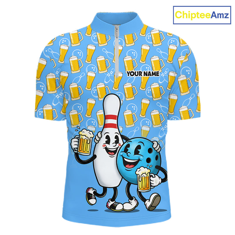Funny Blue Beer Pattern Bowling Polo & 1/4 Quarter Zip Shirt Custom Bowling League Team Shirts NBT952
