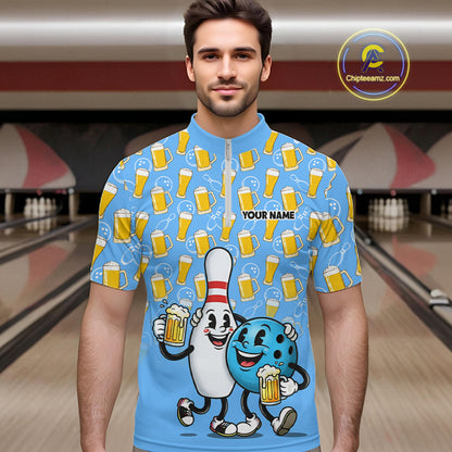 Funny Blue Beer Pattern Bowling Polo & 1/4 Quarter Zip Shirt Custom Bowling League Team Shirts NBT952