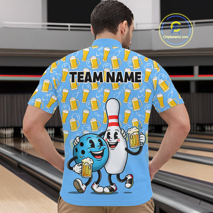 Funny Blue Beer Pattern Bowling Polo & 1/4 Quarter Zip Shirt Custom Bowling League Team Shirts NBT952
