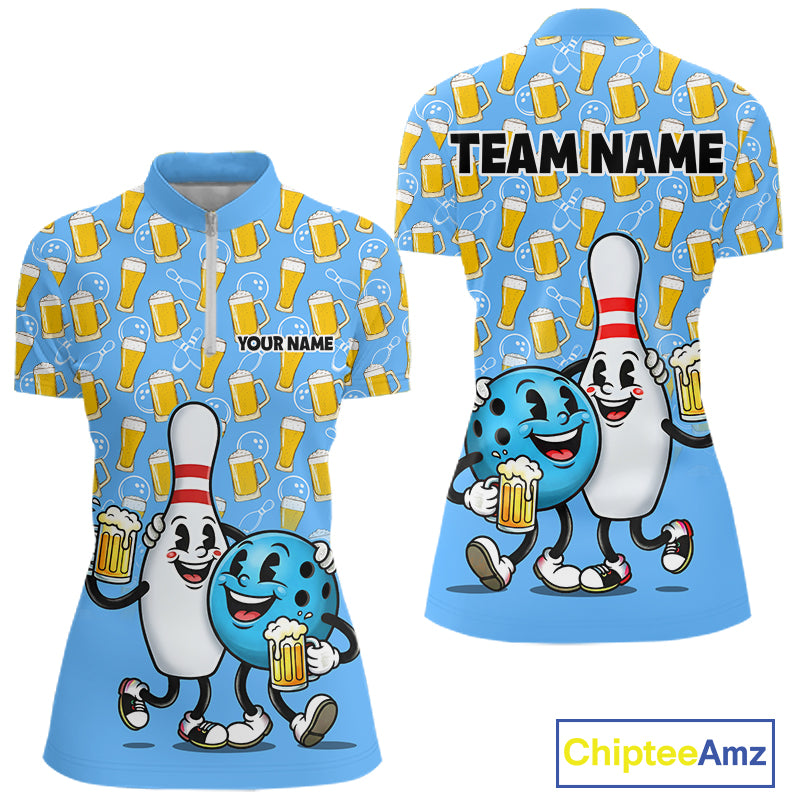 Funny Blue Beer Pattern Women Bowling Polo & 1/4 Quarter Zip Shirt Custom Bowling League Team Shirts NBT952