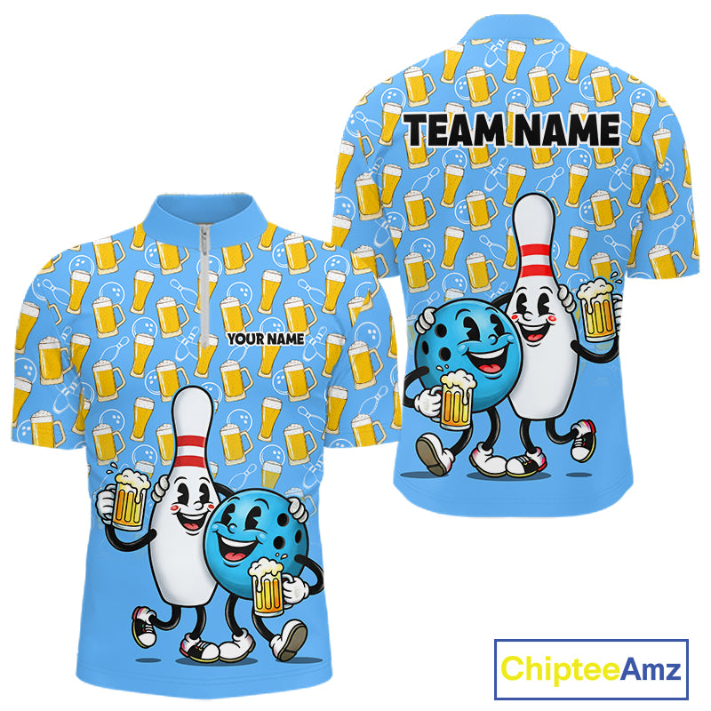 Funny Blue Beer Pattern Bowling Polo & 1/4 Quarter Zip Shirt Custom Bowling League Team Shirts NBT952