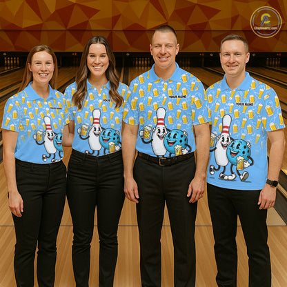 Funny Blue Beer Pattern Bowling Polo & 1/4 Quarter Zip Shirt Custom Bowling League Team Shirts NBT952