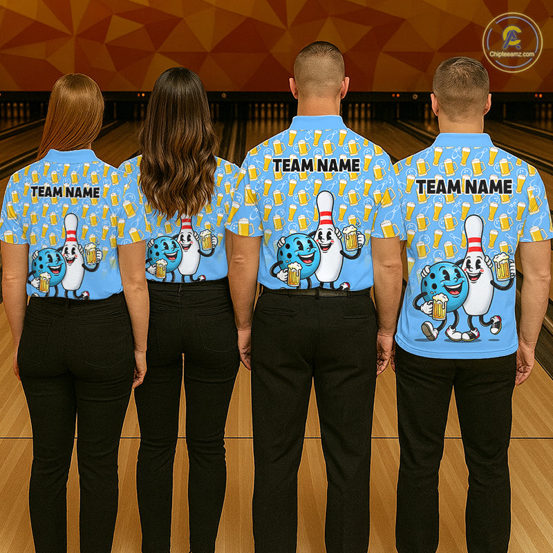 Funny Blue Beer Pattern Bowling Polo & 1/4 Quarter Zip Shirt Custom Bowling League Team Shirts NBT952