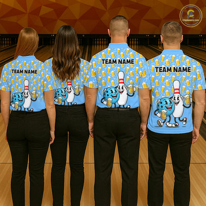 Funny Blue Beer Pattern Bowling Polo & 1/4 Quarter Zip Shirt Custom Bowling League Team Shirts NBT952