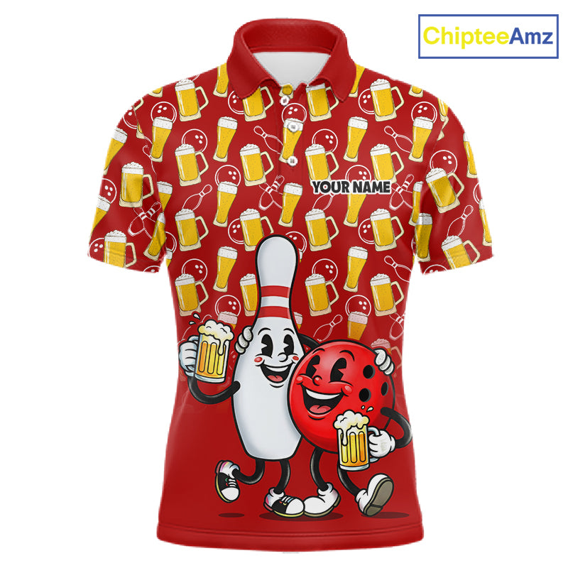 Funny Red Beer Pattern Bowling Polo & 1/4 Quarter Zip Shirt Custom Bowling League Team Shirts NBT953