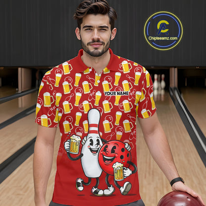 Funny Red Beer Pattern Bowling Polo & 1/4 Quarter Zip Shirt Custom Bowling League Team Shirts NBT953