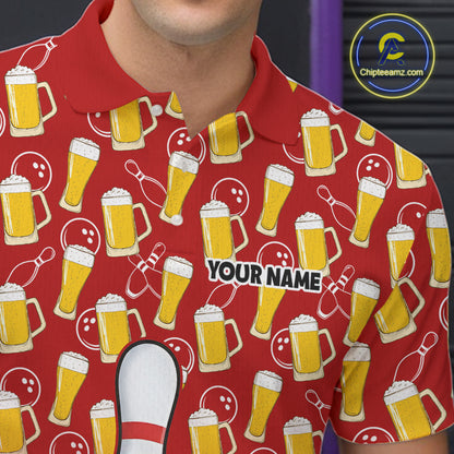 Funny Red Beer Pattern Bowling Polo & 1/4 Quarter Zip Shirt Custom Bowling League Team Shirts NBT953