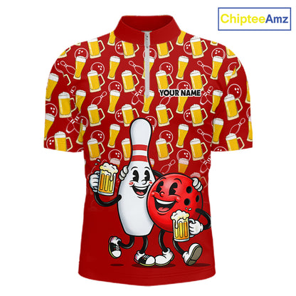 Funny Red Beer Pattern Bowling Polo & 1/4 Quarter Zip Shirt Custom Bowling League Team Shirts NBT953