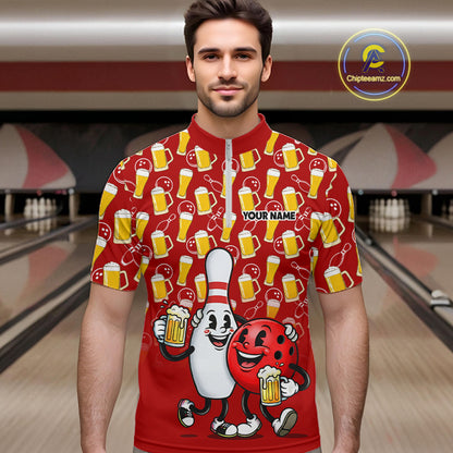 Funny Red Beer Pattern Bowling Polo & 1/4 Quarter Zip Shirt Custom Bowling League Team Shirts NBT953