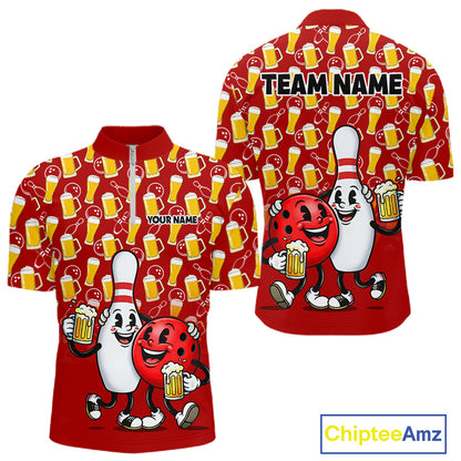 Funny Red Beer Pattern Bowling Polo & 1/4 Quarter Zip Shirt Custom Bowling League Team Shirts NBT953