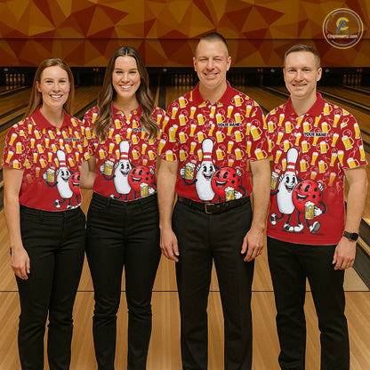 Funny Red Beer Pattern Bowling Polo & 1/4 Quarter Zip Shirt Custom Bowling League Team Shirts NBT953