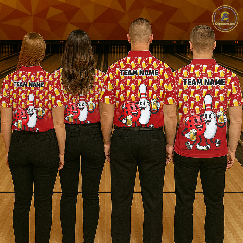 Funny Red Beer Pattern Bowling Polo & 1/4 Quarter Zip Shirt Custom Bowling League Team Shirts NBT953