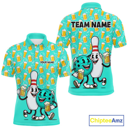 Funny Turquoise Beer Pattern Bowling Polo & 1/4 Quarter Zip Shirt Custom Bowling League Team Shirts NBT954