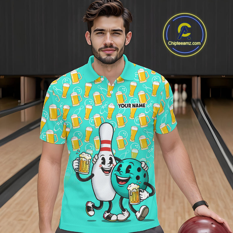 Funny Turquoise Beer Pattern Bowling Polo & 1/4 Quarter Zip Shirt Custom Bowling League Team Shirts NBT954