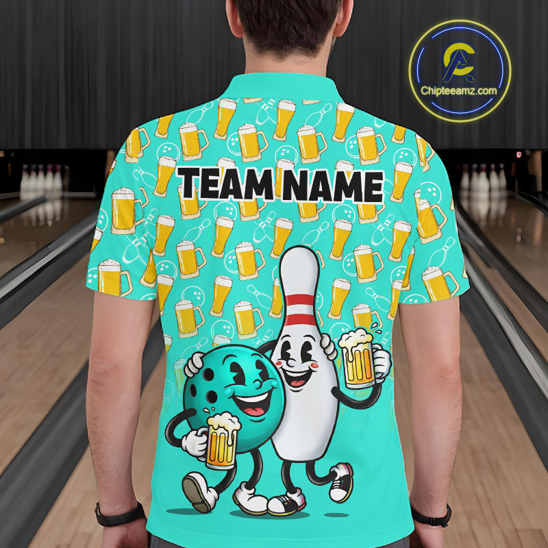 Funny Turquoise Beer Pattern Bowling Polo & 1/4 Quarter Zip Shirt Custom Bowling League Team Shirts NBT954