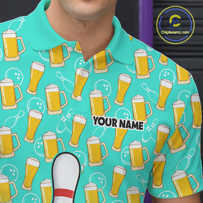 Funny Turquoise Beer Pattern Bowling Polo & 1/4 Quarter Zip Shirt Custom Bowling League Team Shirts NBT954