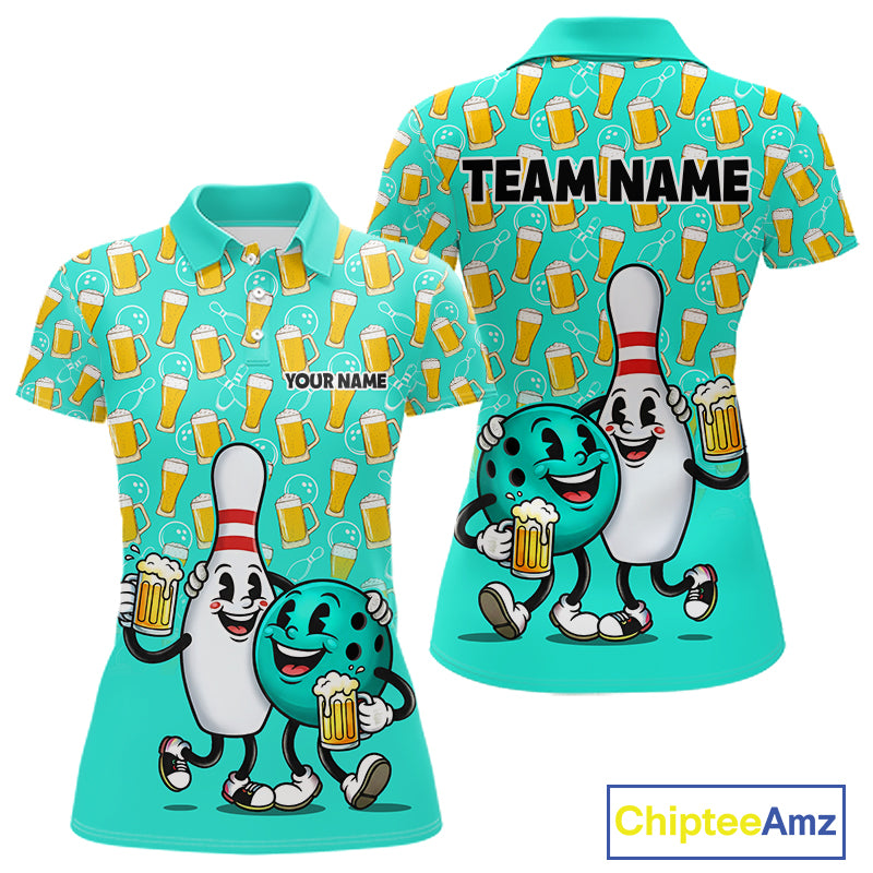 Funny Turquoise Beer Women Pattern Bowling Polo & 1/4 Quarter Zip Shirt Custom Bowling League Team Shirts NBT954
