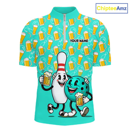 Funny Turquoise Beer Pattern Bowling Polo & 1/4 Quarter Zip Shirt Custom Bowling League Team Shirts NBT954