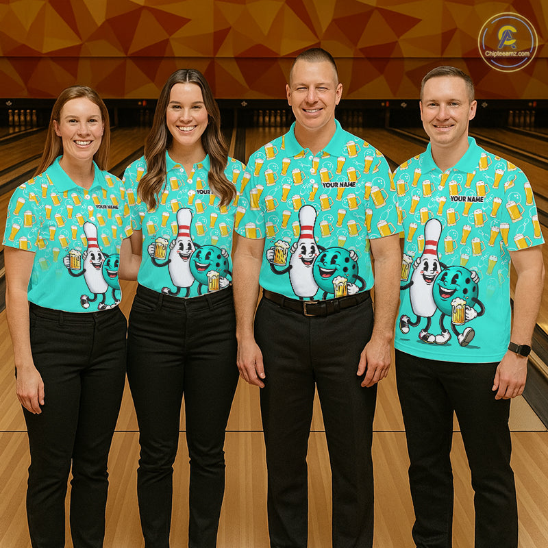 Funny Turquoise Beer Pattern Bowling Polo & 1/4 Quarter Zip Shirt Custom Bowling League Team Shirts NBT954