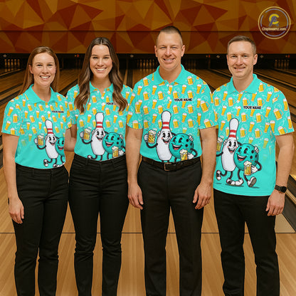 Funny Turquoise Beer Pattern Bowling Polo & 1/4 Quarter Zip Shirt Custom Bowling League Team Shirts NBT954