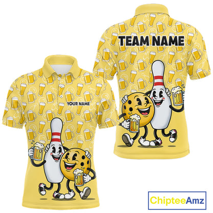 Funny Yellow Beer Pattern Bowling Polo & 1/4 Quarter Zip Shirt Custom Bowling League Team Shirts NBT955