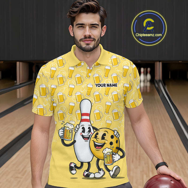 Funny Yellow Beer Pattern Bowling Polo & 1/4 Quarter Zip Shirt Custom Bowling League Team Shirts NBT955