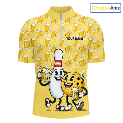 Funny Yellow Beer Pattern Bowling Polo & 1/4 Quarter Zip Shirt Custom Bowling League Team Shirts NBT955