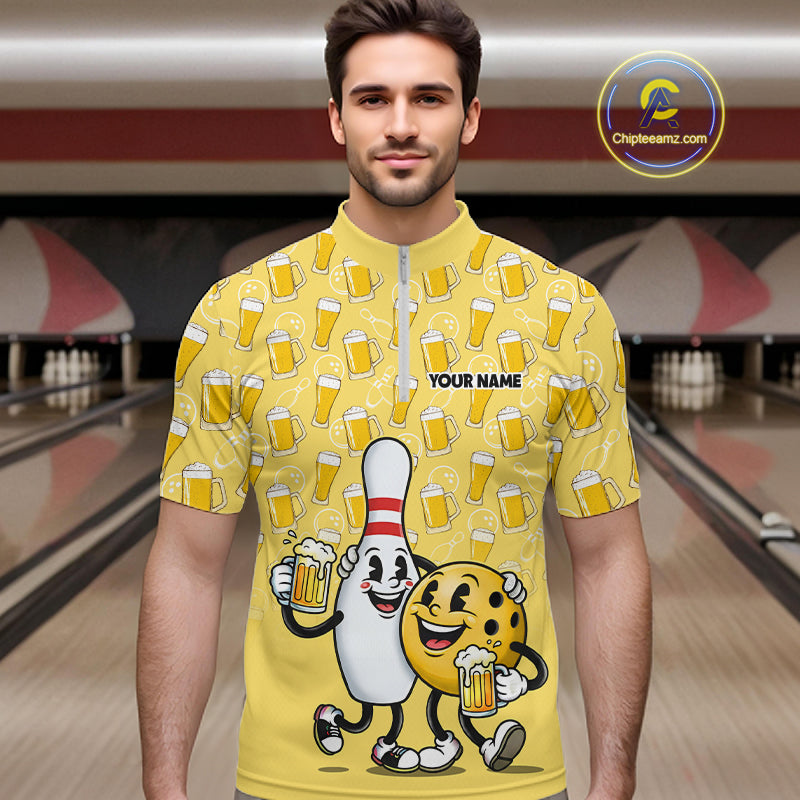 Funny Yellow Beer Pattern Bowling Polo & 1/4 Quarter Zip Shirt Custom Bowling League Team Shirts NBT955