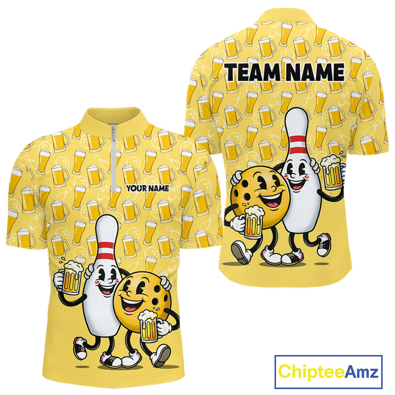 Funny Yellow Beer Pattern Bowling Polo & 1/4 Quarter Zip Shirt Custom Bowling League Team Shirts NBT955