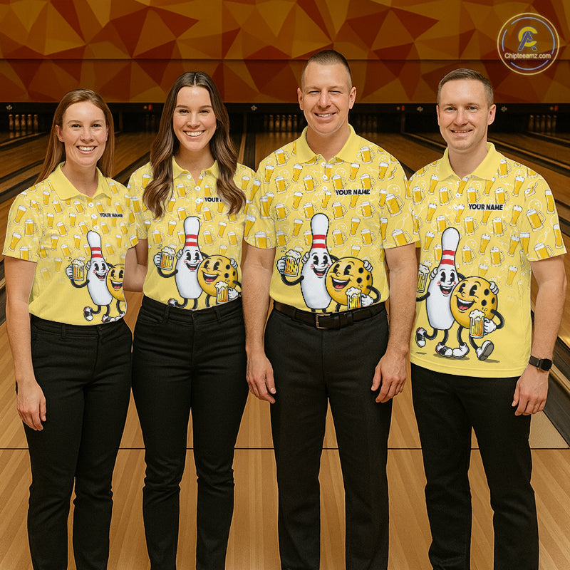 Funny Yellow Beer Pattern Women Bowling Polo & 1/4 Quarter Zip Shirt Custom Bowling League Team Shirts NBT955
