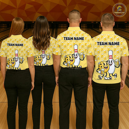 Funny Yellow Beer Pattern Bowling Polo & 1/4 Quarter Zip Shirt Custom Bowling League Team Shirts NBT955