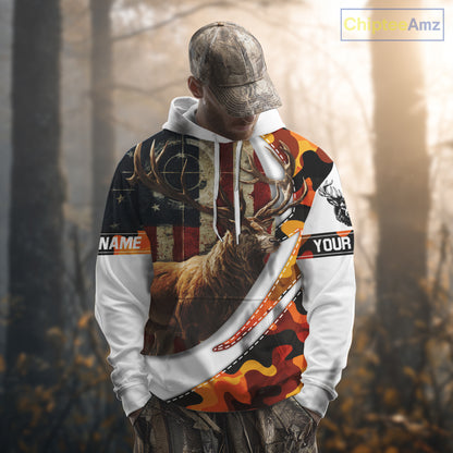 Blaze Orange Camo Elk Hunting Hoodie, Longsleeve Shirt for Men, Custom Name NBT06