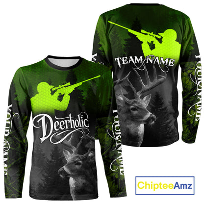 Deer Hunting Shirt Deerholic Hunter Silhouette – Green Camo Big Game Rifle for Men NBT25