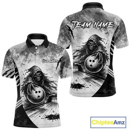 Front and back view of custom gray camo skeleton Grim Reaper bowling men’s polo shirt