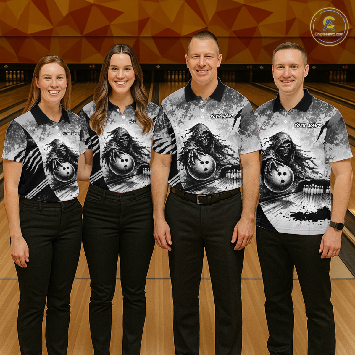 Bowling team wearing matching custom gray camo skeleton Grim Reaper Halloween bowling jerseys with personalized names