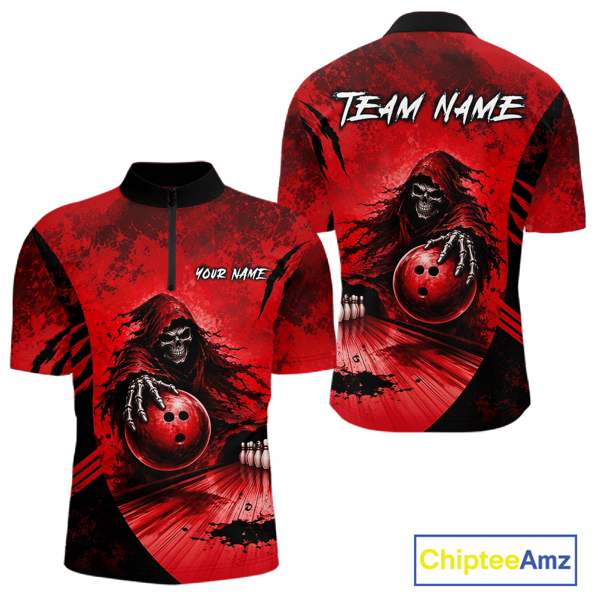Front and back view of custom gray camo skeleton Grim Reaper bowling men’s quarter-zip shirt